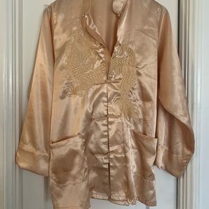 Dragon embroidered faux satin traditional button up blouse.